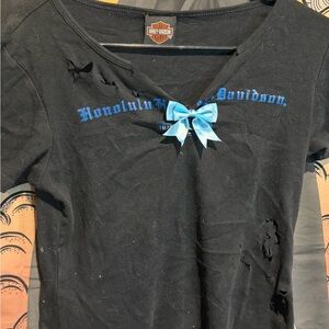 Harley-Davidson V Neck Black Tee with Blue Accents and Bow